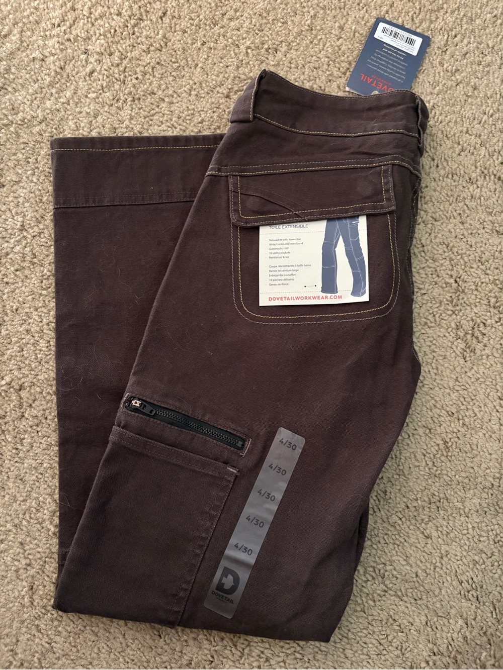 NWT Straight-Leg Women's Dovetail Workwear Utility Jeans in Dark Brown - Picture 3 of 4